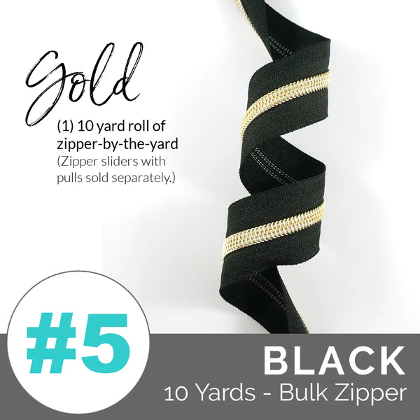 Emmaline 10 Yard #5 Black Zipper With Gold Coil