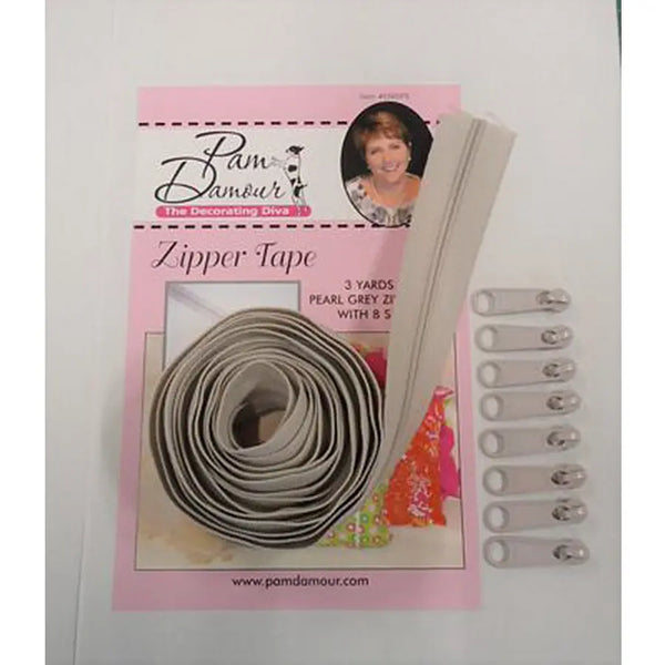 Pam Damour Zipper Tape Pearl Grey - 3 Yards + 8 Zipper Pulls