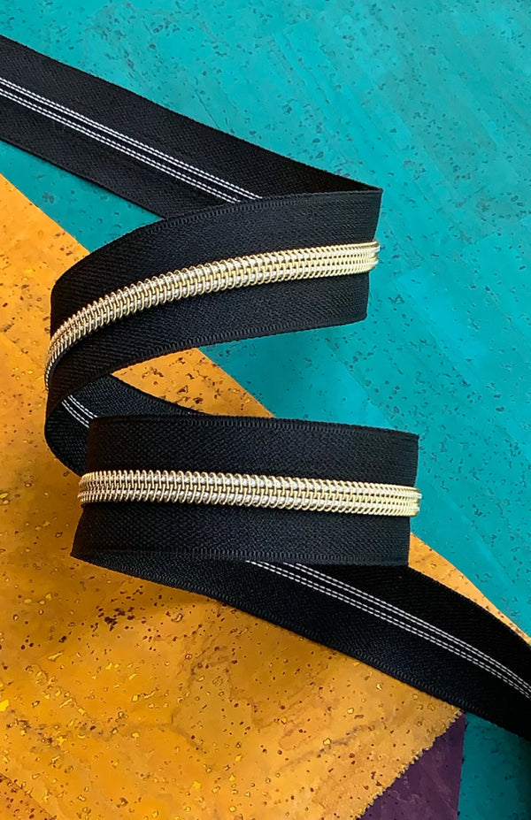 Black #5 Nylon Gold Coil Zipper 3 Yards