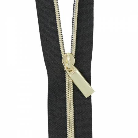 Black #3 Nylon Gold Coil Zippers: 3 Yards with 9 Pulls