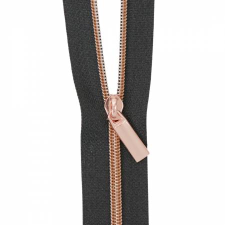 Black #3 Nylon Rose Gold Coil Zippers: 3 Yards with 9 Pulls