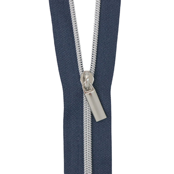 Navy #3 Nylon Nickel Coil Zipper 3 Yards with 9 Pulls
