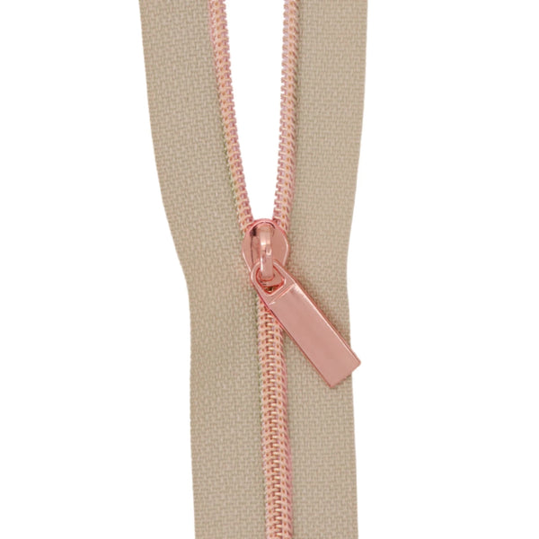 Beige #3 Nylon Rose Gold Coil Zipper 3 Yards with 9 Pulls