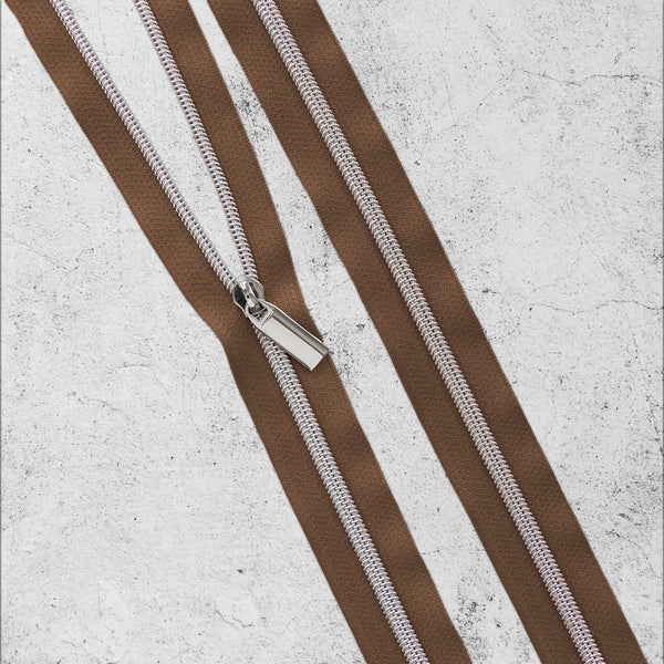 Brown #3 Nylon Nickel Coil Zipper 3 Yards with 9 Pulls