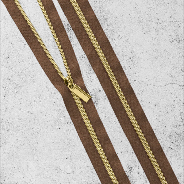 Brown #3 Nylon Gold Coil Zipper 3 Yards with 9 Pulls