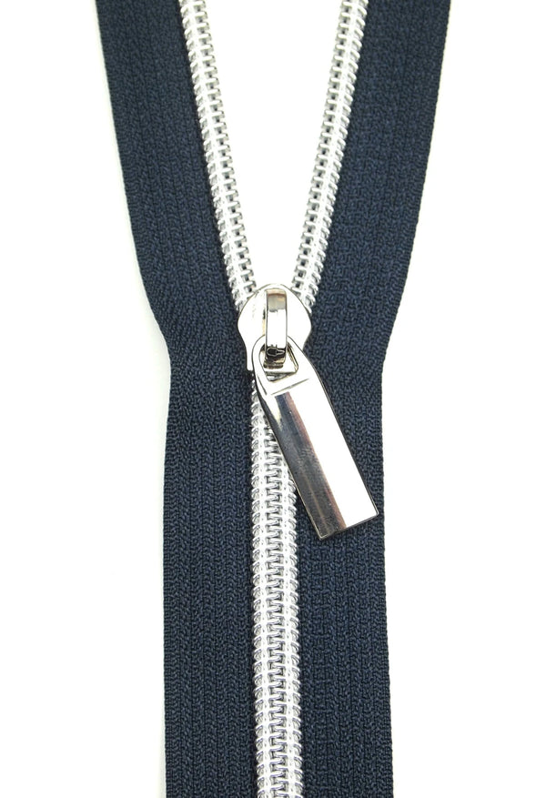 Navy #5 Nylon Nickel Coil Zipper 3 Yards with 9 Pulls