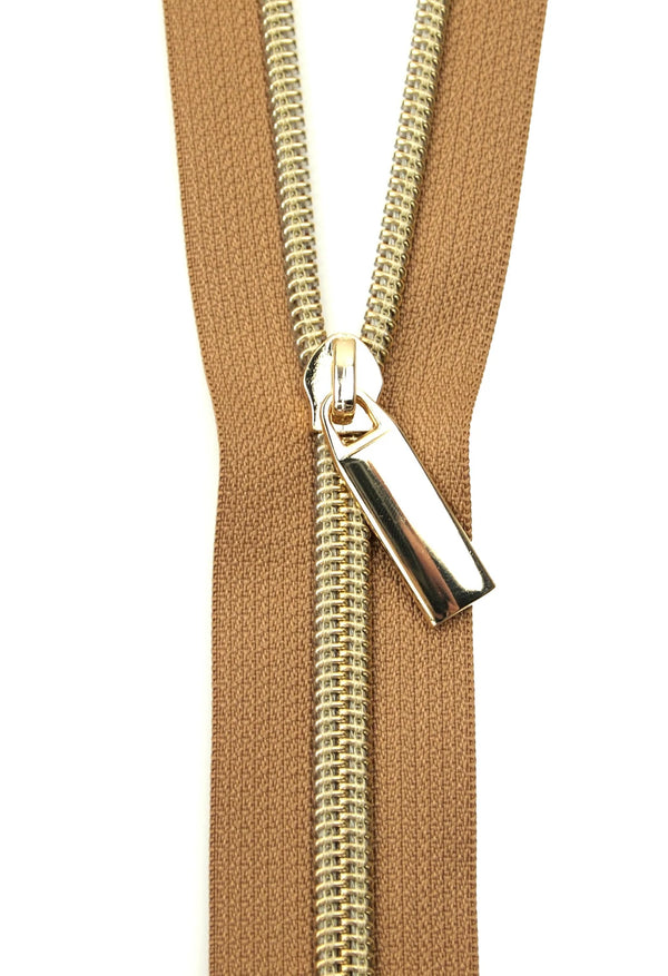 Natural #5 Nylon Gold Coil Zipper 3 Yards with 9 Pulls