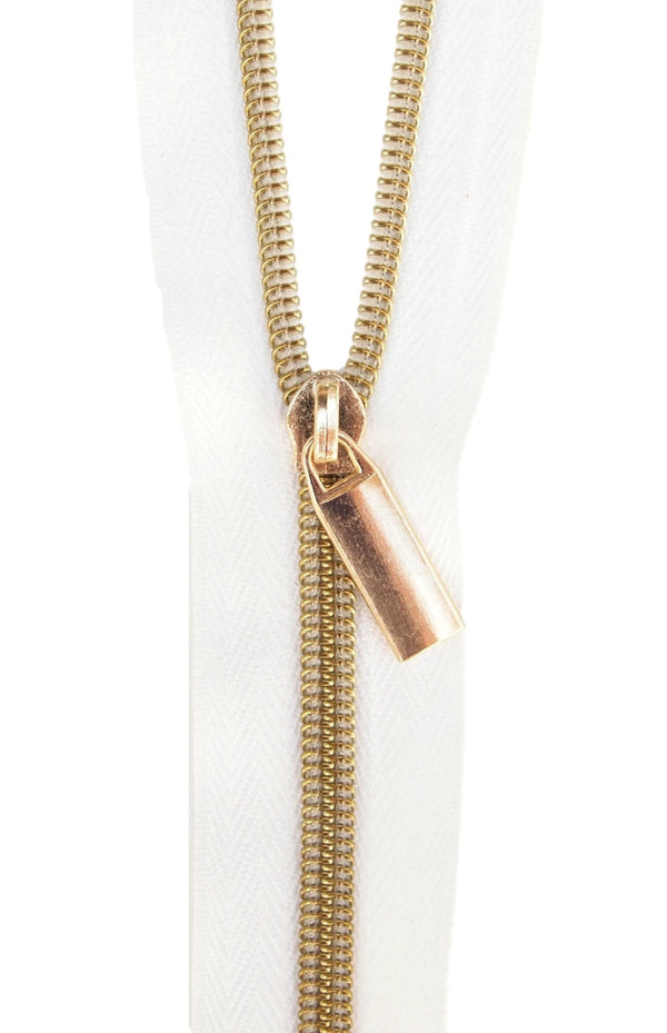 White #5 Nylon Gold Coil Zipper 3 Yards with 9 Pulls