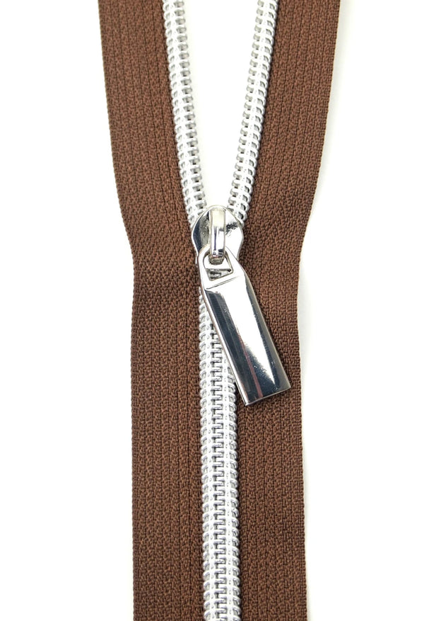 Brown #5 Nylon Nickel Coil Zipper 3 Yards with 9 Pulls