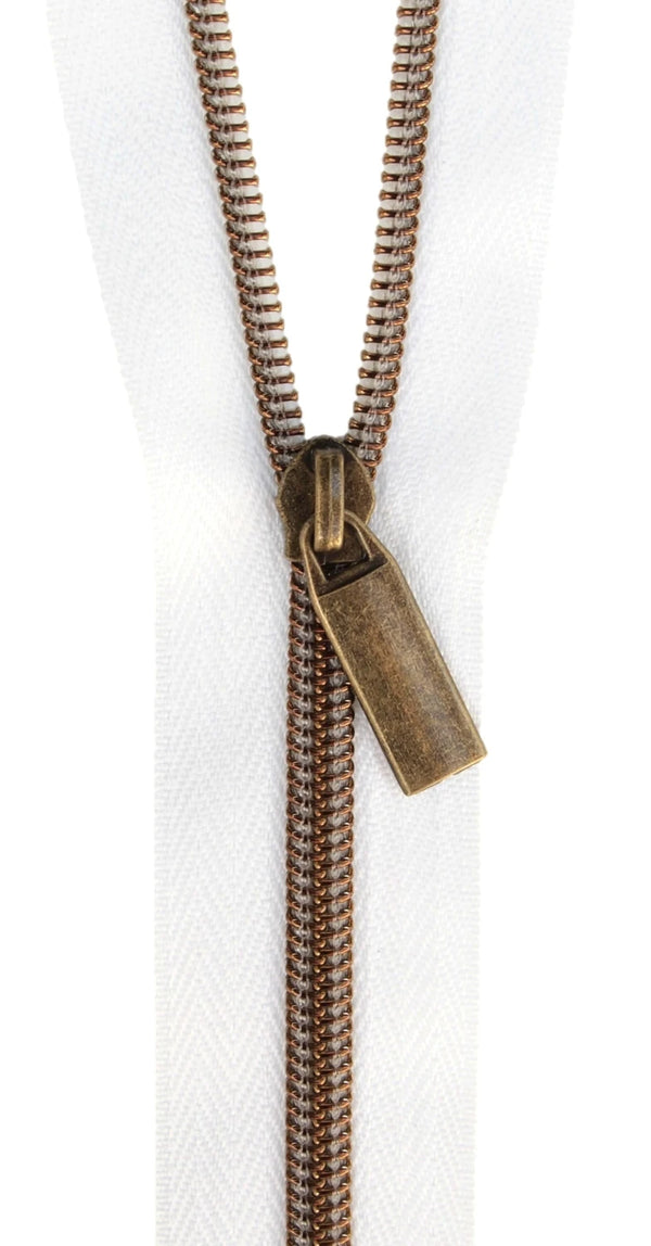 White #5 Nylon Antique Coil Zipper 3 Yards with 9 Pulls