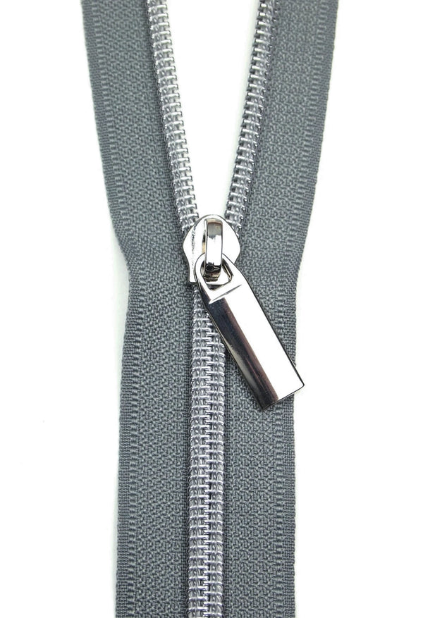 Grey #5 Nylon Nickel Coil Zipper 3 Yards with 9 Pulls