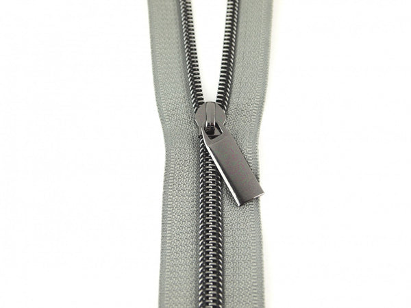 Grey #3 Nylon Gunmetal Coil Zippers: 3 Yards with 9 Pulls