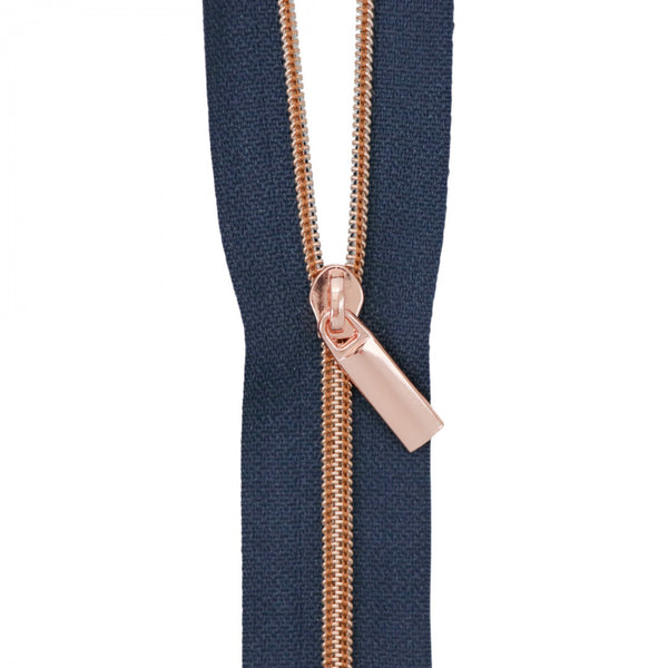 Navy #3 Nylon Rose Gold Coil Zippers: 3 Yards with 9 Pulls