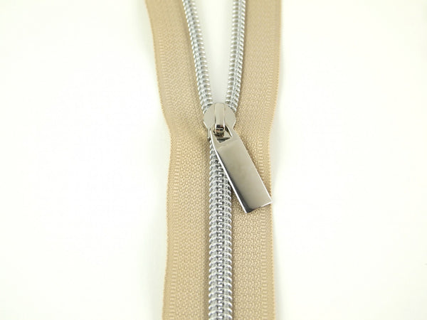 Beige #3 Nylon Nickel Coil Zippers: 3 Yards with 9 Pulls