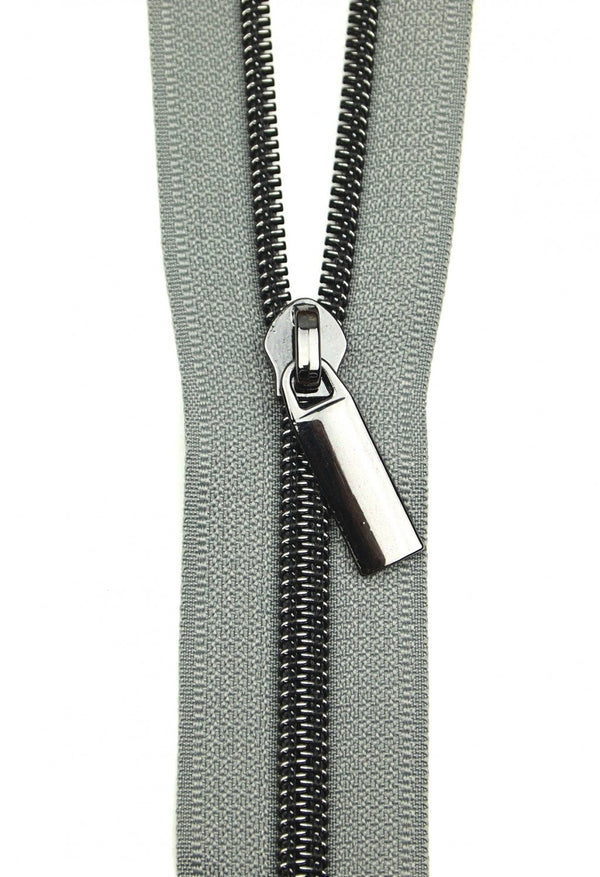 Grey #5 Nylon Gunmetal Coil Zippers: 3 Yards with 9 Pulls