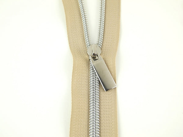 Beige #5 Nylon Nickel Coil Zippers: 3 Yards with 9 Pulls