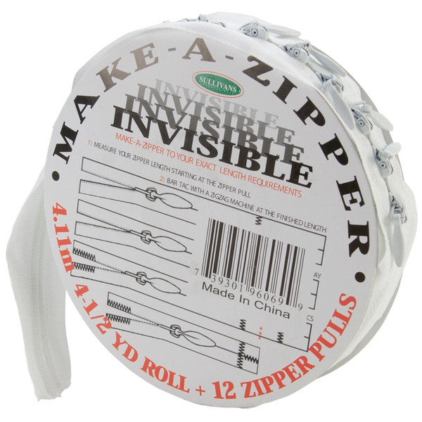 Make-A-Zipper Invisible 4.5yd (162in) roll & 12 Zipper Pulls White